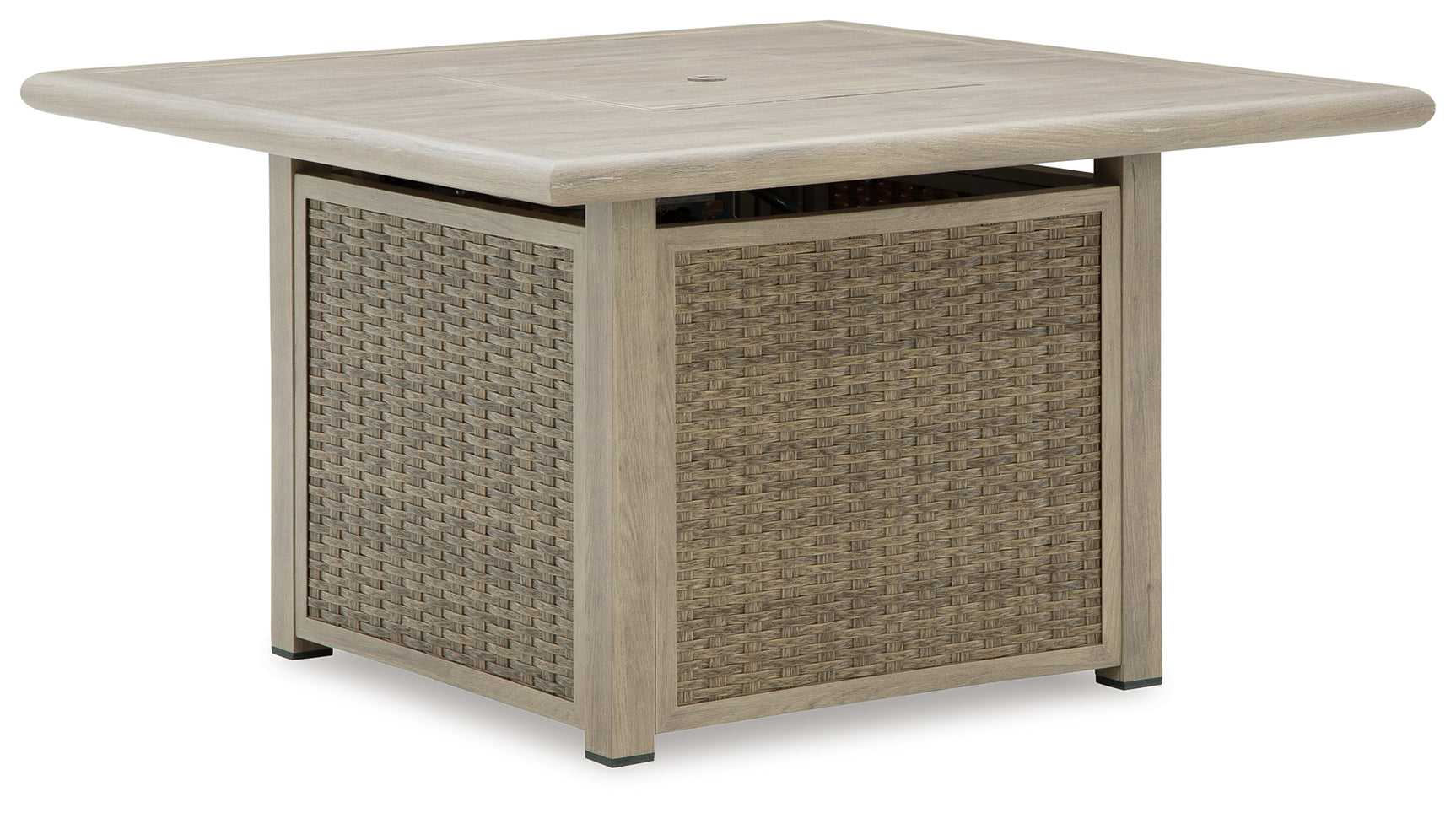 Square beige fire pit table angle view with closed cabinet door