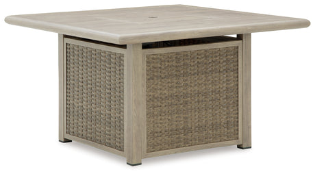 Front angle showing fire pit table and chairs
