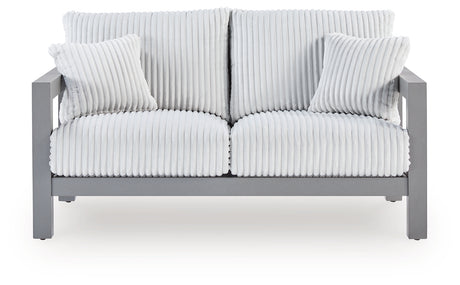 Hurley Park Outdoor Loveseat front angled view showing gray Nuvella fabric