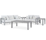 Close-up of gray Nuvella® fabric cushions on outdoor sofa