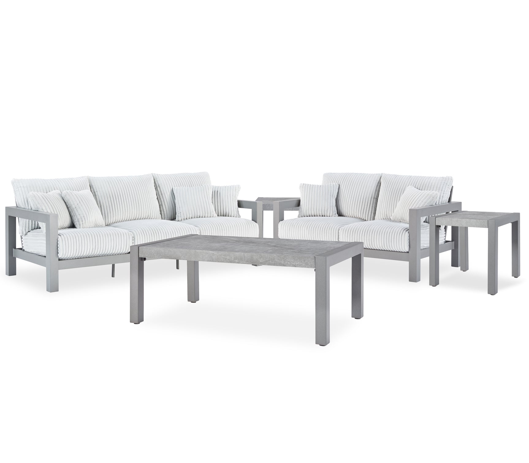 Close-up of gray Nuvella® fabric cushions on outdoor sofa