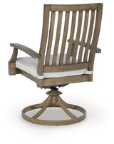 Rear view of outdoor swivel chair showing frame and cushions