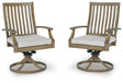 Rainier Ranch brown and beige outdoor swivel chair set, front angle