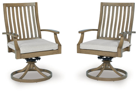 Rainier Ranch brown and beige outdoor swivel chair set, front angle