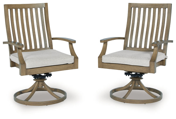 Rainier Ranch brown and beige outdoor swivel chair set, front angle