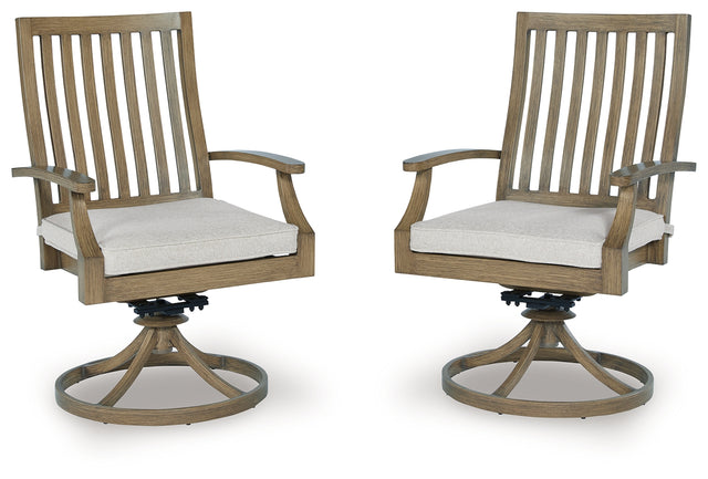 Rainier Ranch brown and beige outdoor swivel chair set, front angle