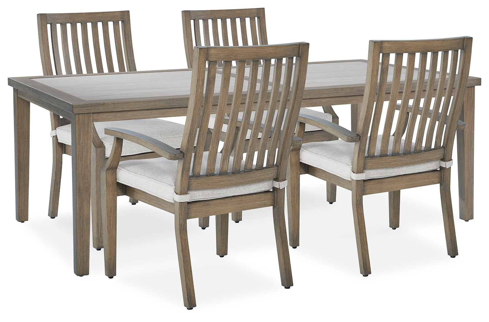 Rainier Ranch outdoor dining table and four beige cushioned chairs