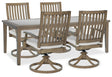 Close up of beige Nuvella+™ fabric cushions on outdoor dining chair