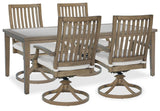 Close up of beige Nuvella+™ fabric cushions on outdoor dining chair