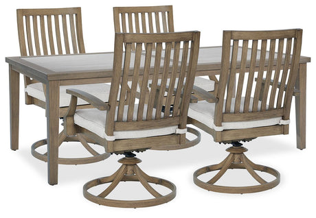 Close up of beige Nuvella+™ fabric cushions on outdoor dining chair