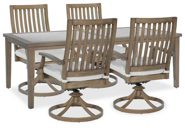 Close up of beige Nuvella+™ fabric cushions on outdoor dining chair
