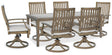 Side view of Rainier brown and beige outdoor dining chair