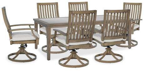 Side view of Rainier brown and beige outdoor dining chair