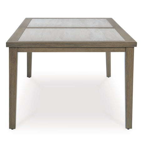 Rainier outdoor dining table and six chairs set in brown and beige, angled view