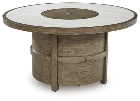 Rainier Ranch Beige Outdoor Fire Pit Table angled view