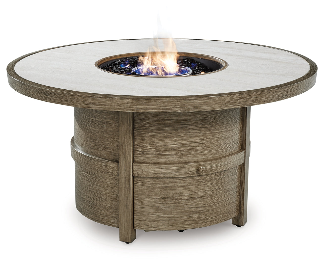 Fire Pit Table lit with flames at night