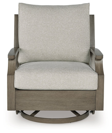 Rainier Ranch outdoor loveseat, two chairs, and coffee table set in brown and beige