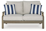 Rainier Ranch outdoor loveseat in brown and beige, front view