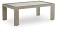 Kimpton Isle Brown Outdoor Coffee Table angled view showing wood-look aluminum frame