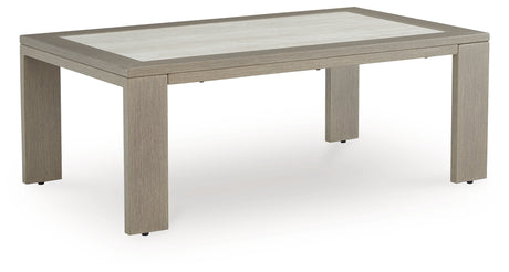 Kimpton Isle Brown Outdoor Coffee Table angled view showing wood-look aluminum frame