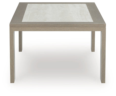 Kimpton Isle Brown Outdoor Coffee Table side view highlighting powder-coated finish