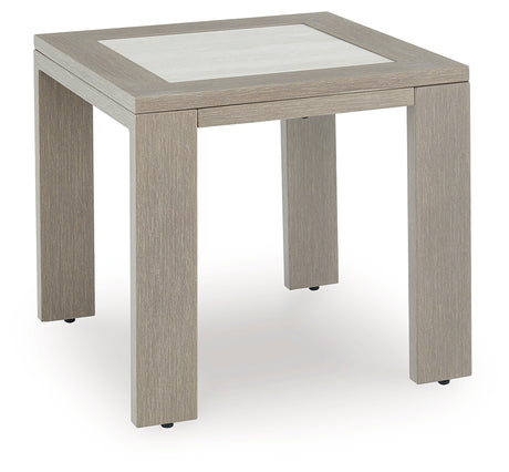 Kimpton Isle brown outdoor end table angled view showing tabletop and frame