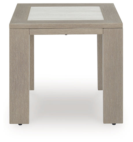Front view of Kimpton Isle brown outdoor end table with square tabletop
