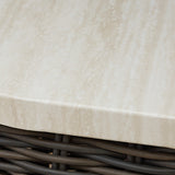 Kimora outdoor end table finish comparison showing beige and dark brown colors