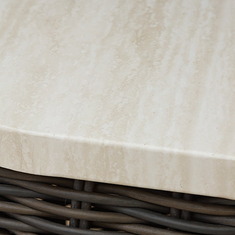 Kimora outdoor end table finish comparison showing beige and dark brown colors