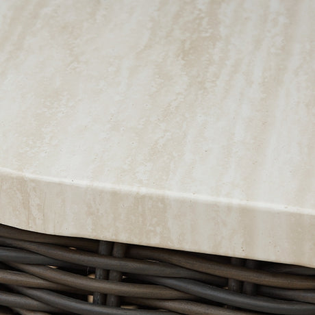 Kimora outdoor end table finish comparison showing beige and dark brown colors