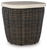 Kimora outdoor end table front view showing marble-look top