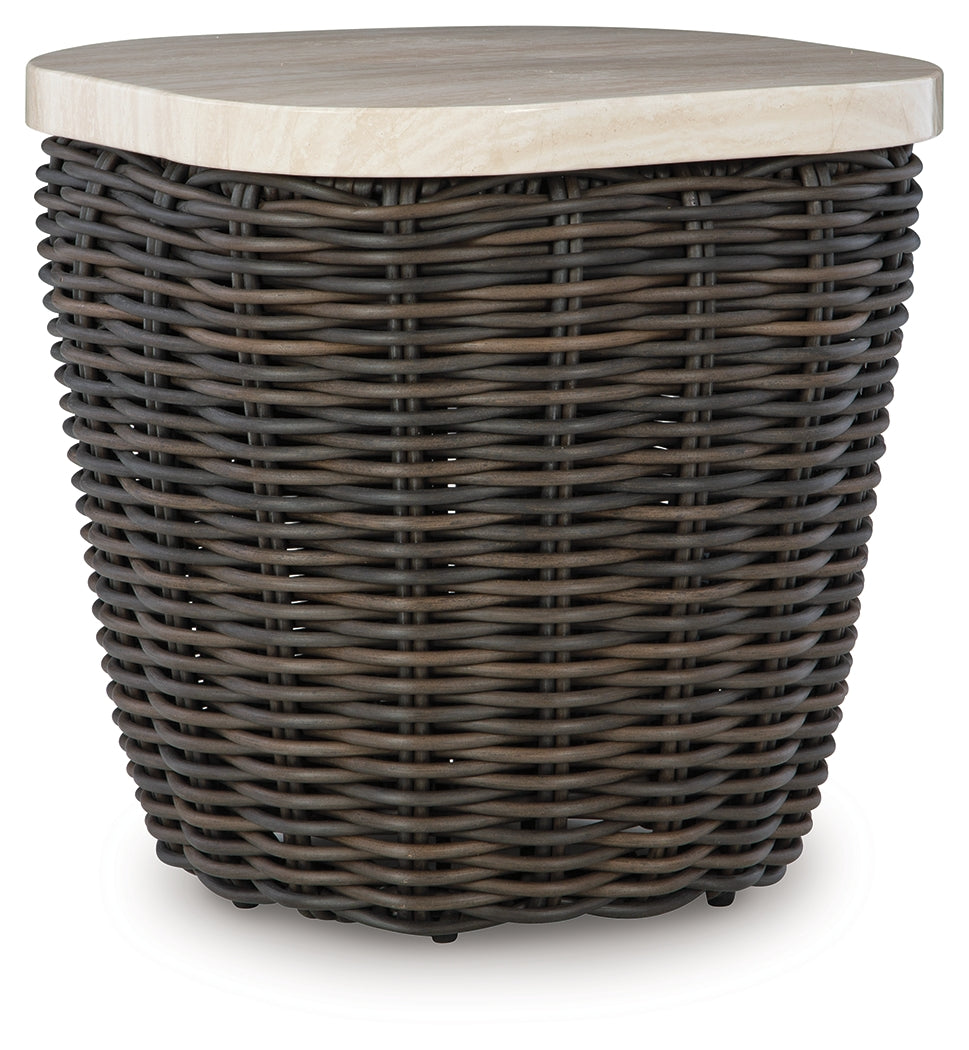 Kimora outdoor end table front view showing marble-look top