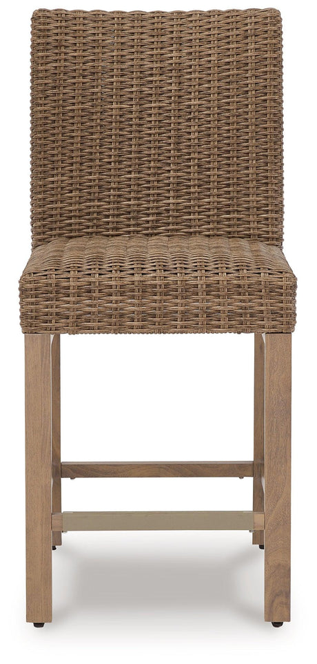 Walton Bridge Driftwood Outdoor Bar Stool set with seat cushion visible