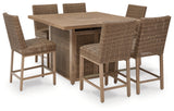 Walton Driftwood Bridge Outdoor Fire Pit Table and 6 Barstools