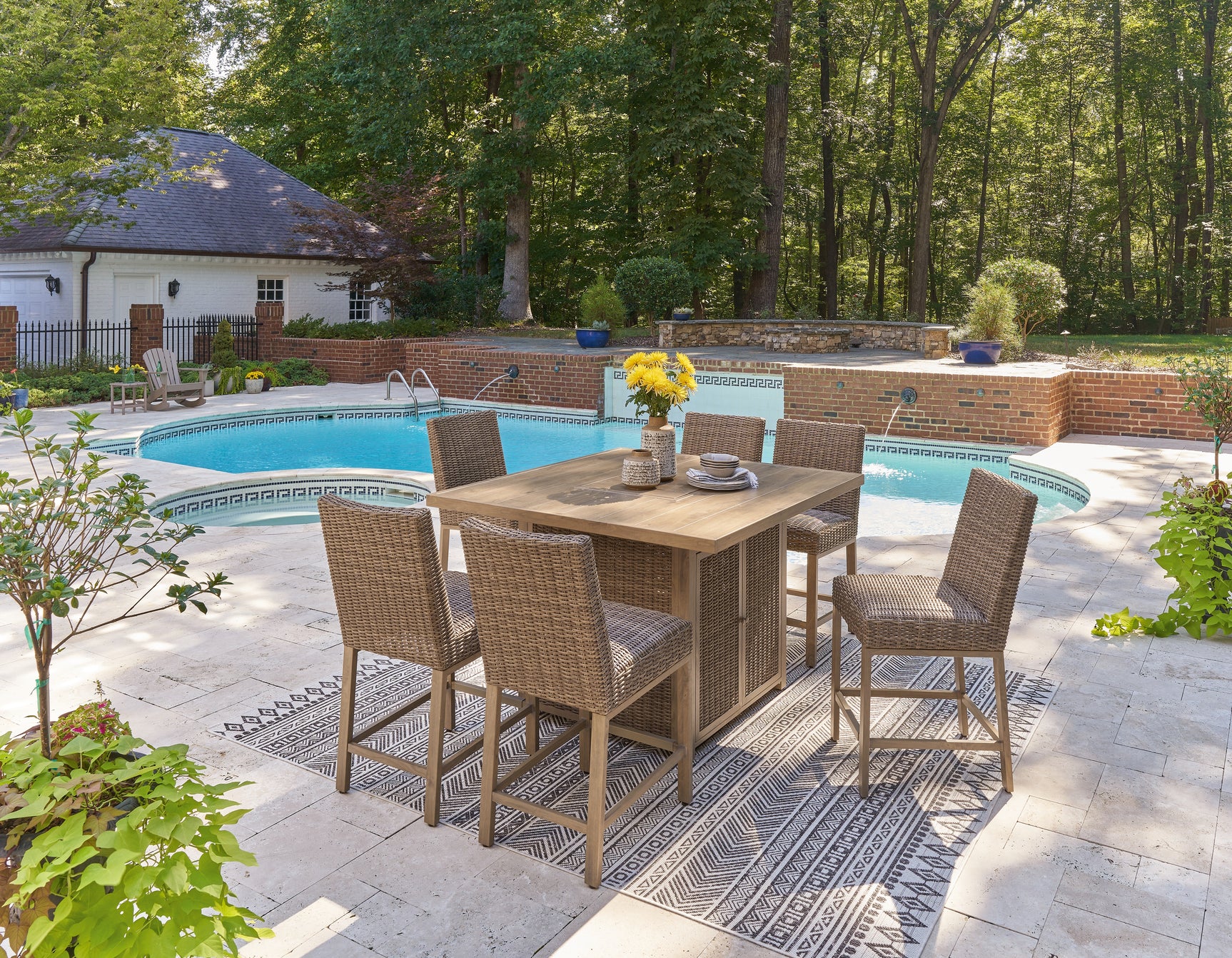 Walton Driftwood Bridge Outdoor Fire Pit Table and 6 Barstools