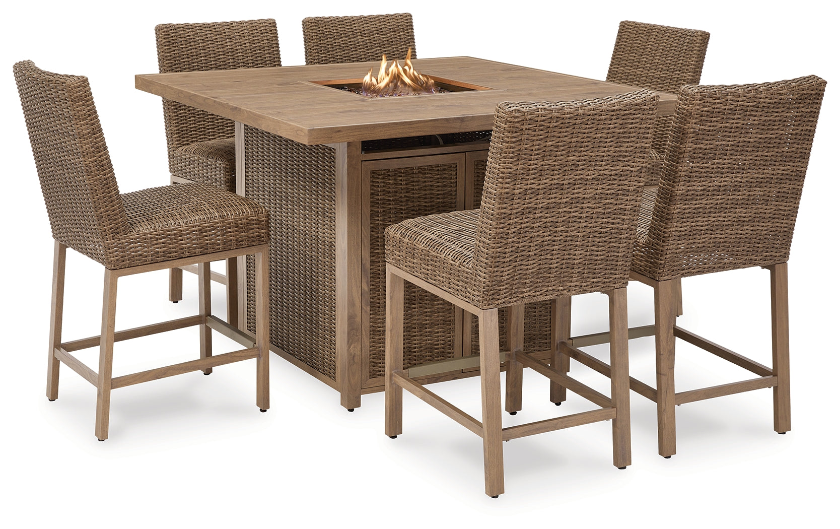 Walton Driftwood Bridge Outdoor Fire Pit Table and 6 Barstools