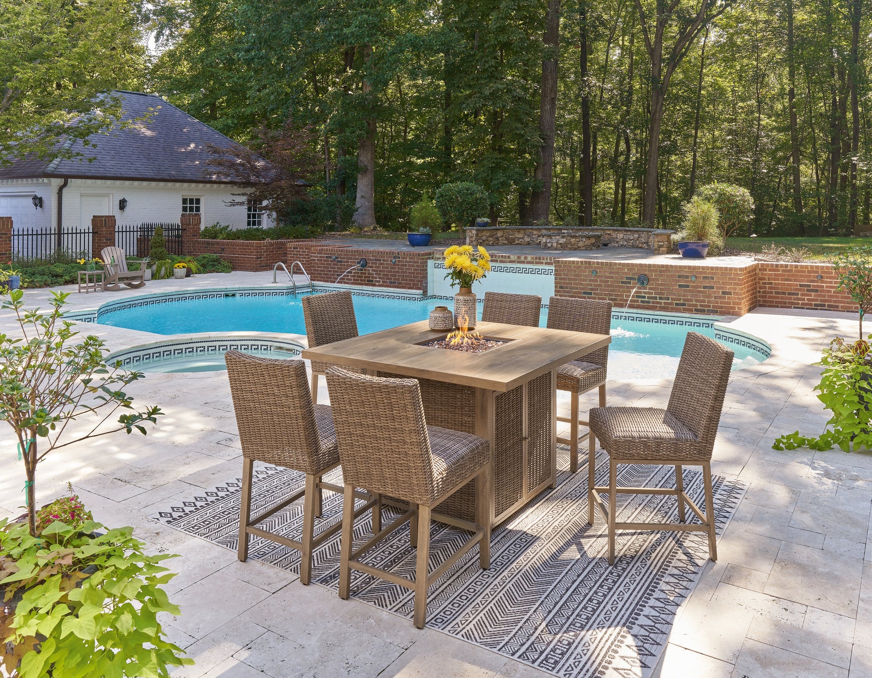 Walton Driftwood Bridge Outdoor Fire Pit Table and 6 Barstools