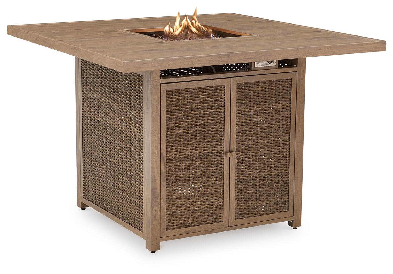 Walton Bridge Driftwood outdoor bar table with fire pit - top-down view showing glass bead fire pit