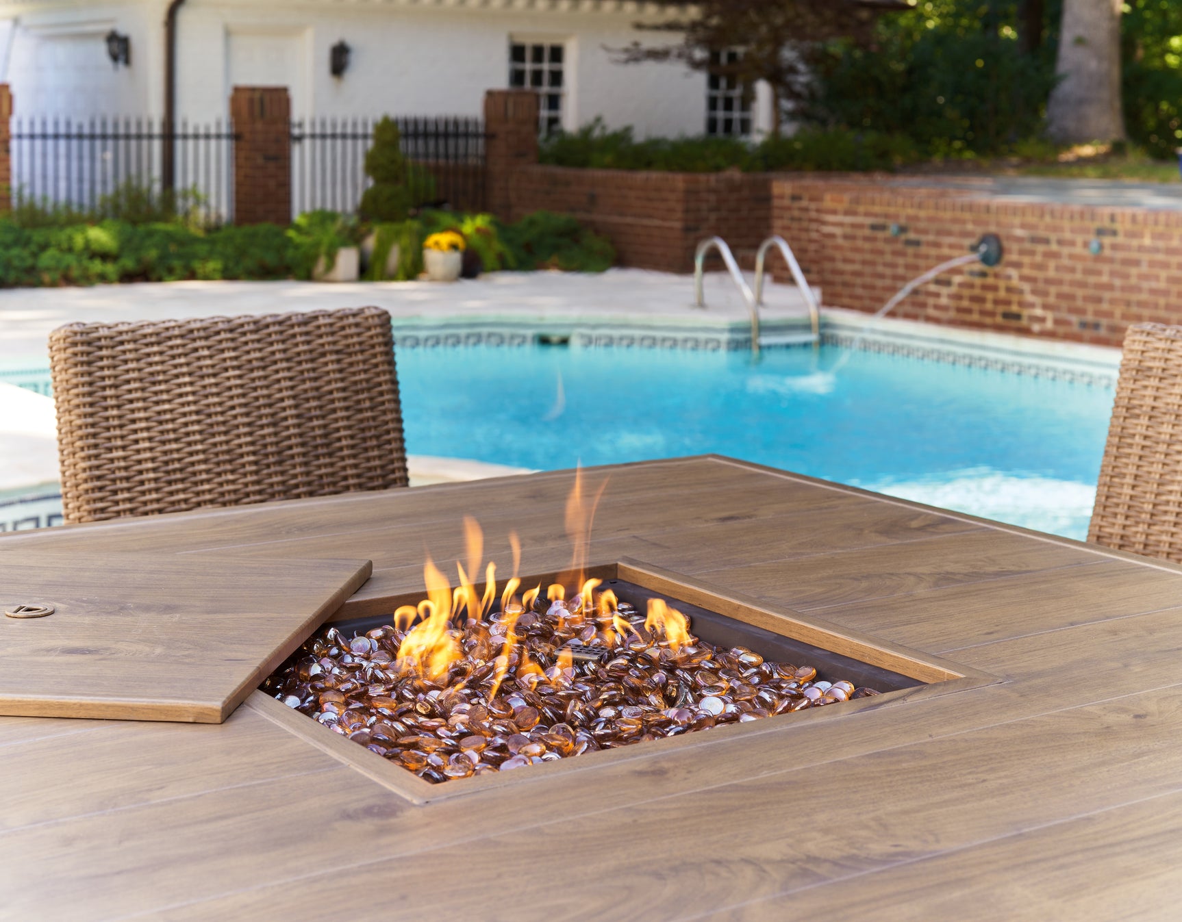 Walton Driftwood Bridge Outdoor Fire Pit Table and 6 Barstools