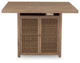 Walton Bridge Driftwood outdoor bar table with fire pit - open cabinet door showing propane tank storage