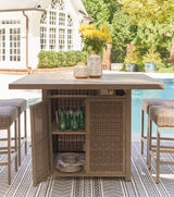 Walton Driftwood Bridge Outdoor Fire Pit Table and 6 Barstools