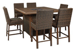 Paradise Trail Medium Brown Outdoor Bar Table with Fire Pit close up of wicker and tabletop