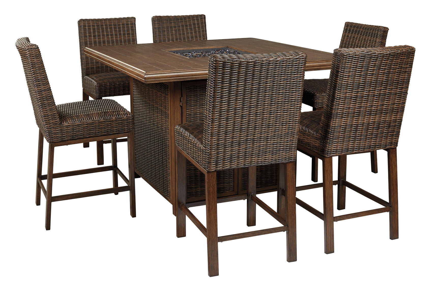 Paradise Trail Medium Brown Outdoor Bar Table with Fire Pit close up of wicker and tabletop