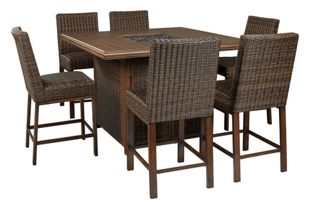 Paradise Trail Medium Brown Outdoor Bar Table with Fire Pit close up of wicker and tabletop