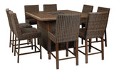 Paradise Trail Medium Brown Outdoor Bar Table with Fire Pit showing wicker sides
