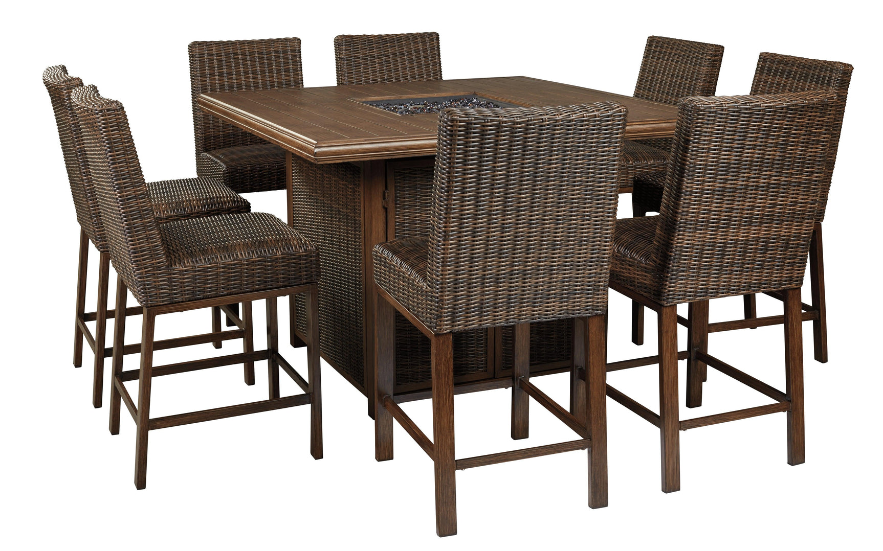Paradise Trail Medium Brown Outdoor Bar Table with Fire Pit showing wicker sides