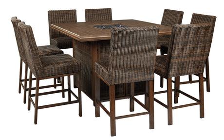 Paradise Trail Medium Brown Outdoor Bar Table with Fire Pit showing wicker sides