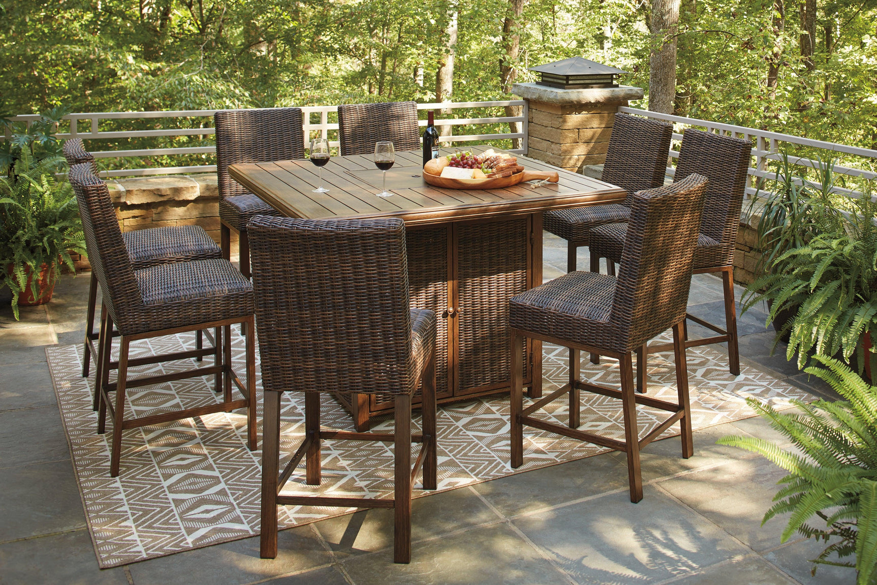 Paradise Trail Medium Brown Outdoor Bar Table with Fire Pit overhead angle