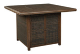 Paradise Trail Medium Brown Outdoor Bar Table with Fire Pit with storage door open