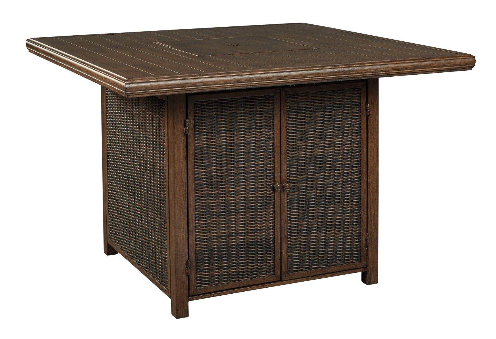 Paradise Trail Medium Brown Outdoor Bar Table with Fire Pit with storage door open